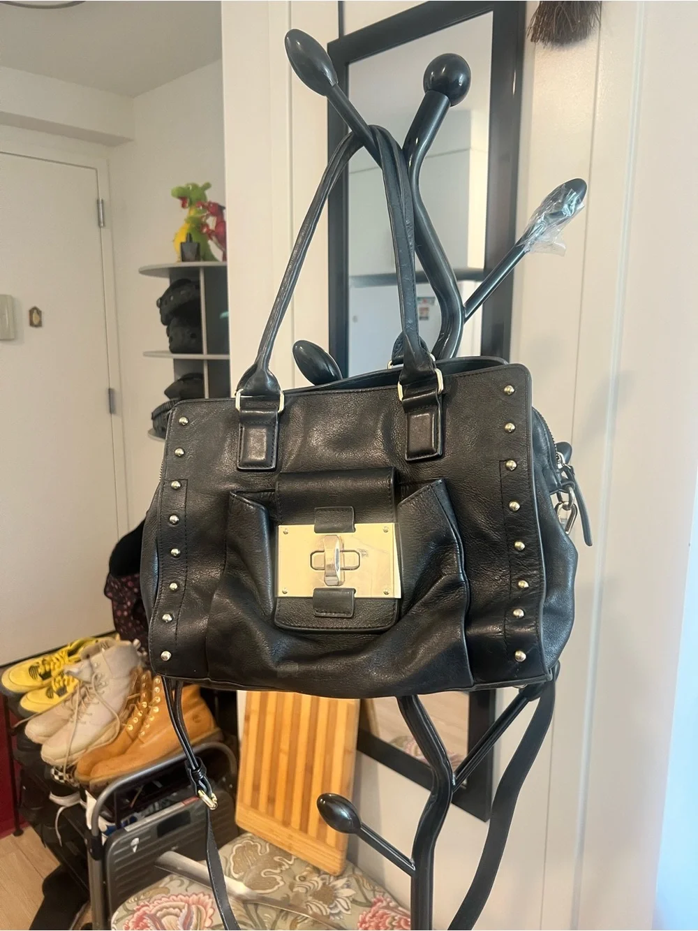 Black Leather Studded Satchel with Gold Turn-Lock